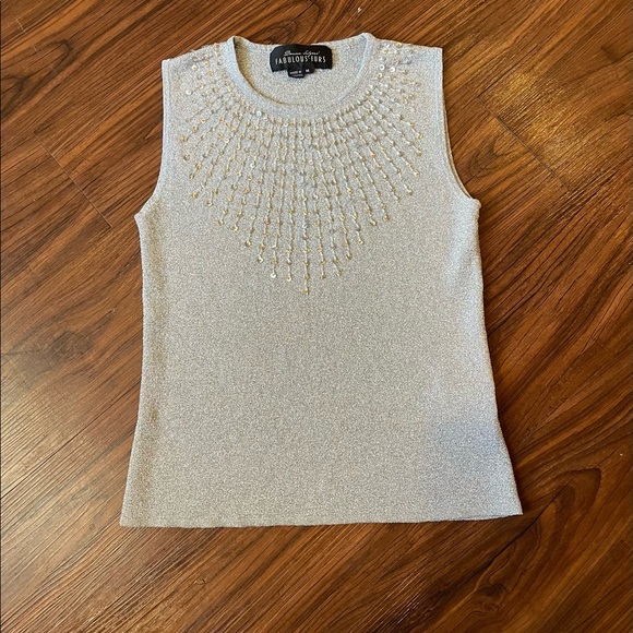 Donna Salyer Fabulous Furs Womens Silver Sleeveless Sequin Medium Blouse - Picture 1 of 4